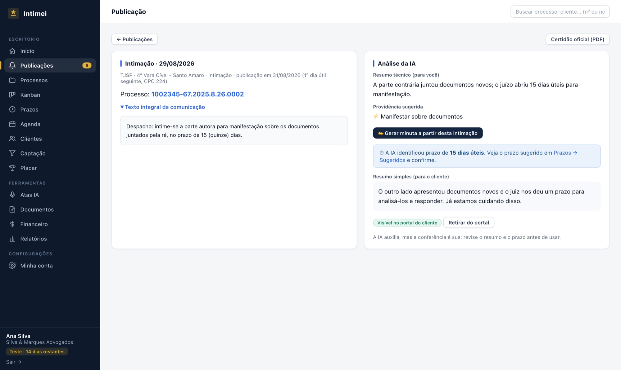 Análise de intimação pela IA: resumo técnico, providência sugerida e resumo simples para o cliente